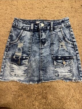 Girls Acid-Wash Denim Cargo Mini Skirt - Blue